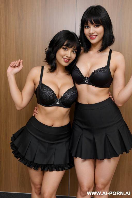 indians, 0 years, black hair, short wavy hair, bangs, muscular arms, arms raised, curvy body, navel piercing, black bra, black frilly skirt, smile, looking at camera, heels, tall, full body view, hugging from behind, legs apart - #main