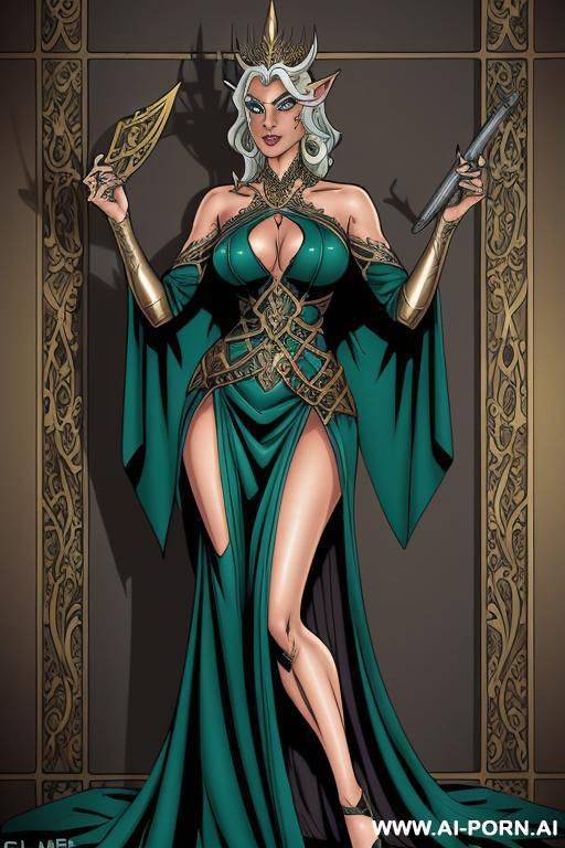 (((cartoon comics art))), ((high fantasy)), regal elven queen, long flowing dress - #main