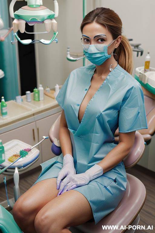 naked blonde woman doctor dressed white medical coat and blue medical gloves lying in the dentist armchair with opened legs became half naked woman nurse dressed in green uniform with white medical gloves and holding medical instrument - #main