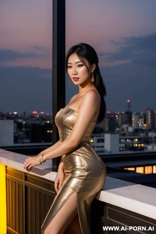 asian woman, ((detailed face)), wearing an elegant dress, full make up, posing in a rooftop bar - #main