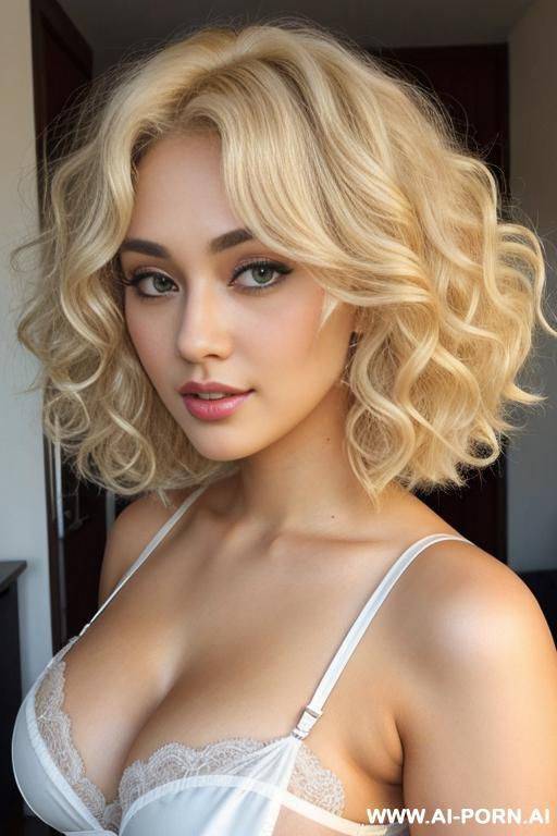 giant soft fluffy thick wide full-bodied curly bobcut platinum blonde hair, sexy voluptuous blonde japanese kawaii, sexy sheer lingerie, huge curly fluffy blonde hair, big sexy curly hair, big wide - #main