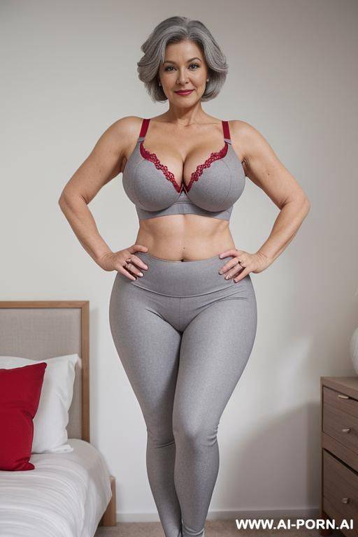 0 year old white grandmother, short gray hair, lady, full body, standing, age features clearly visible, gray hair, triangular hips, thick thighs, big butt, wearing red leggings and bra, hands on hips, double bedroom - #main