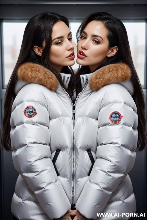 two brunettes wearing gigantic oversized puffer jackets, hugging each other, orgasm, view from above, kissing each other - #main