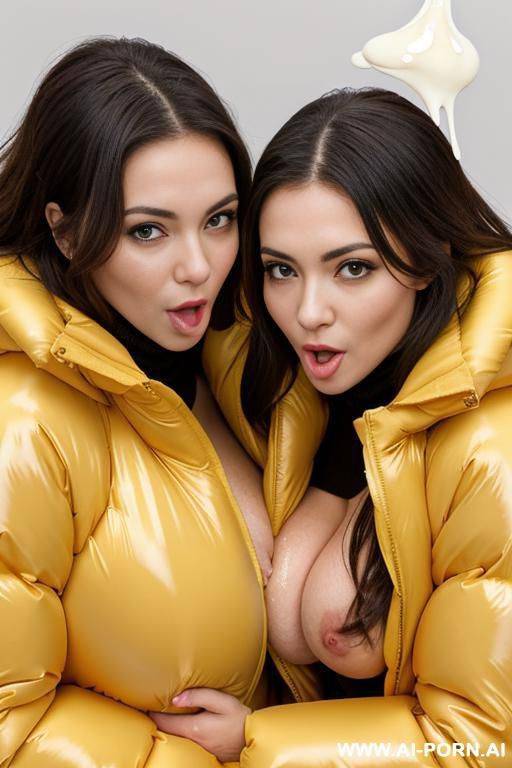 two brunettes wearing gigantic oversized puffer jackets, hugging each other, view from above, hugs boobs, (lots of cum:1.3), ((covered with cum:1.2)) - #main