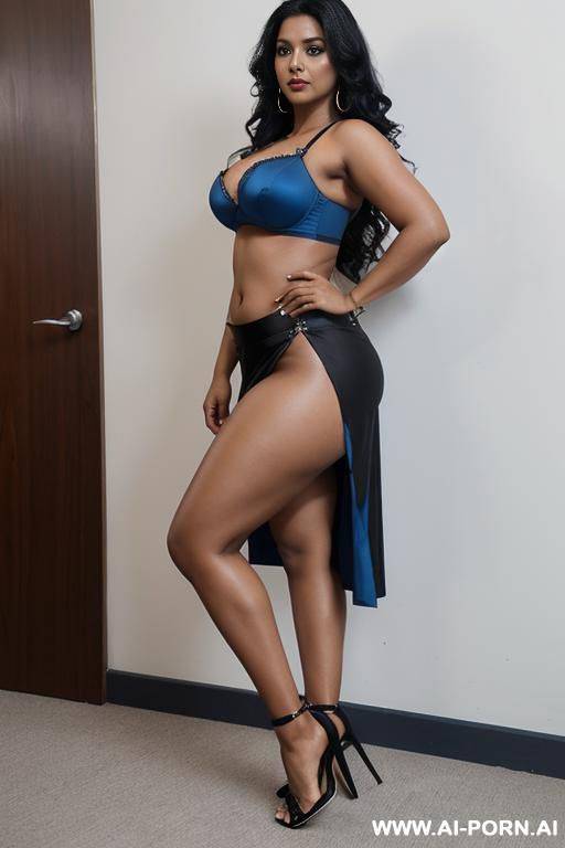 indians, 30 years, black hair, tall wavy hair, strong arms, navel piercing, curvy body, big ass, blue bra, blue slit skirt, seductive, looking at camera, heels, side view, bending - #main