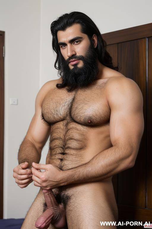 very handsome, hairy, tajik stands at full h and has a very large penis. he holds his large balls in his hands - #main