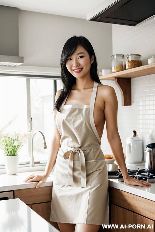 asian woman, naked and just wearing an apron, in a kitchen, smiling softly. - #main