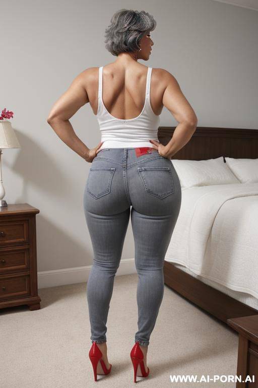 back view, 0 year old grandmother, full body, standing, short gray hair, lady, very visible signs of aging, triangular hips, thick thighs, blue jeans, white tank top, red high heels, master bedroom - #main