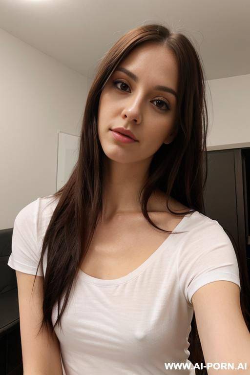 woman long hair low neck t-shirt selfie - #main