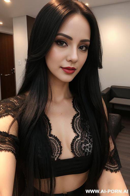 woman long hair low neck blouse lace black tight selfie night - #main