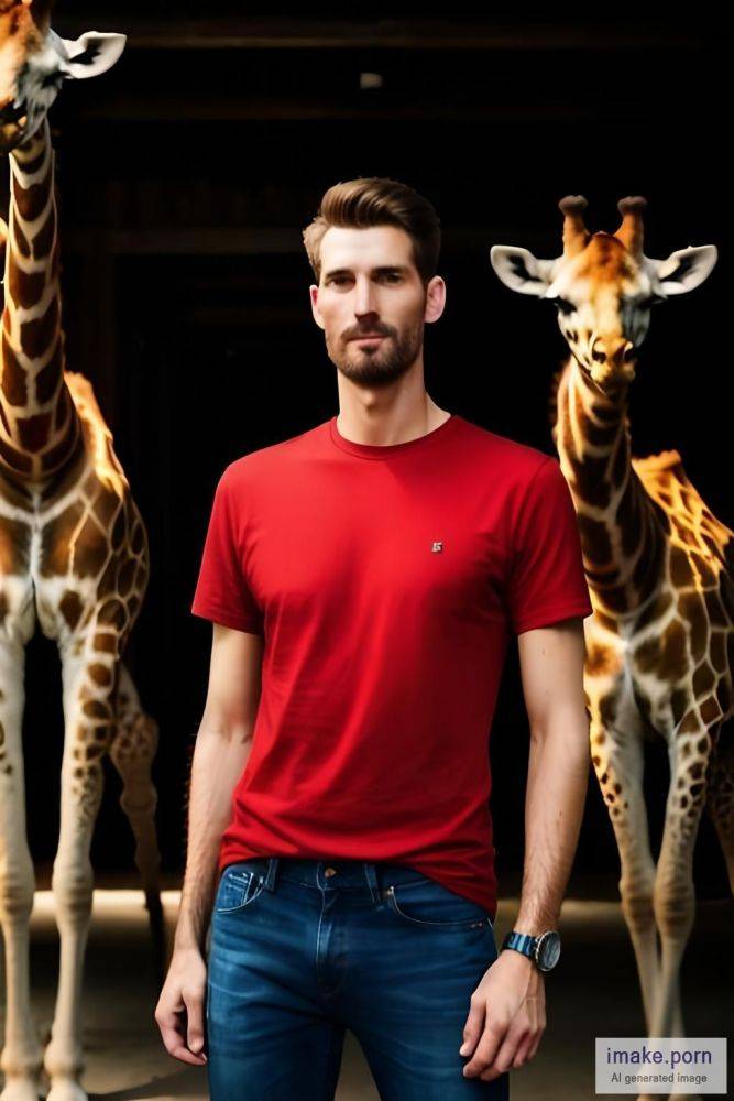 Really tall man in a red T-shirt and blue jeans in front of a... - #main