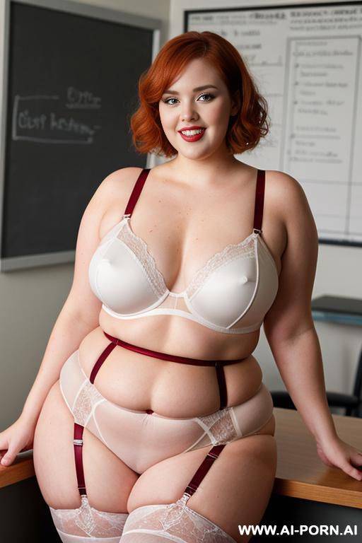 full body photo shot, about at classroom, so fat and so bbw curvy teacher, wearing a sexy and hot garter belt lingerie, she is seductive pose and she is wet because is so hot - #main