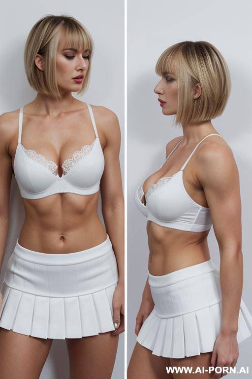 germans, blonde, short straight hair, bangs, muscles, big ass, abs, navel piercing, white bra, white frilly skirt, eyes closed, tall, full body, side view, kissing - #main