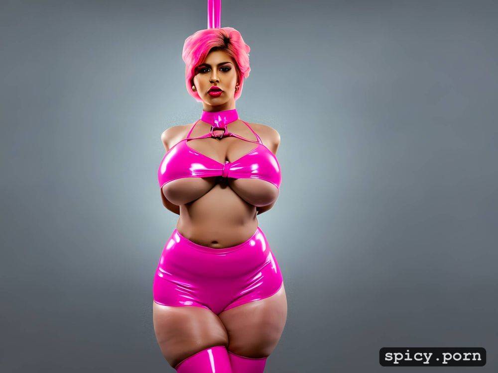 oversized tits, wide hips, chubby, pink pvc, neon pink short hair - #main