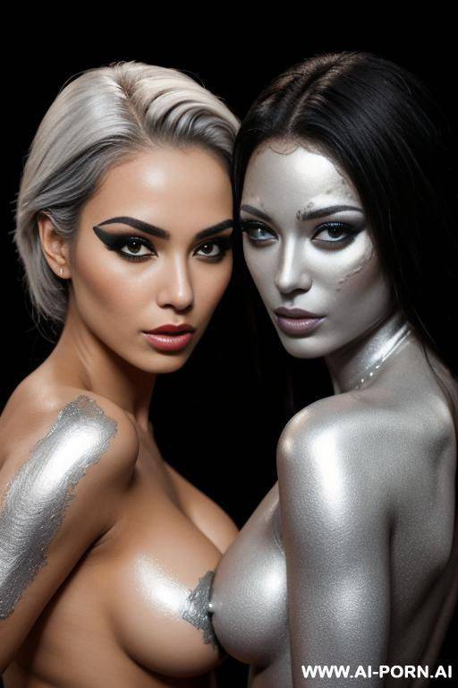 multiple gorgeous brazilian bimbos covered completely with silver bodypaint - #main