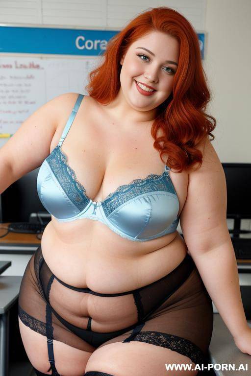 full body photo shot, about at classroom, very fat bbw curvy with a few love handless and big tummy, wearing a sexy and hot blue lace stocking lingeries and a microskirt - #main