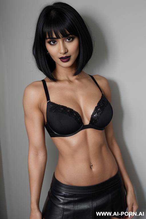 indians, black hair, short straight hair, bangs, muscles, abs, navel piercing, black bra, black skirt, looking at camera, view from far, open mouth, dark black lipstick - #main