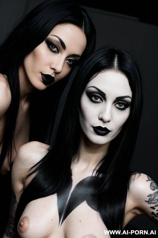 2 fully naked goth babes, black hair, black lipstick, black tattoos, dancing - #main