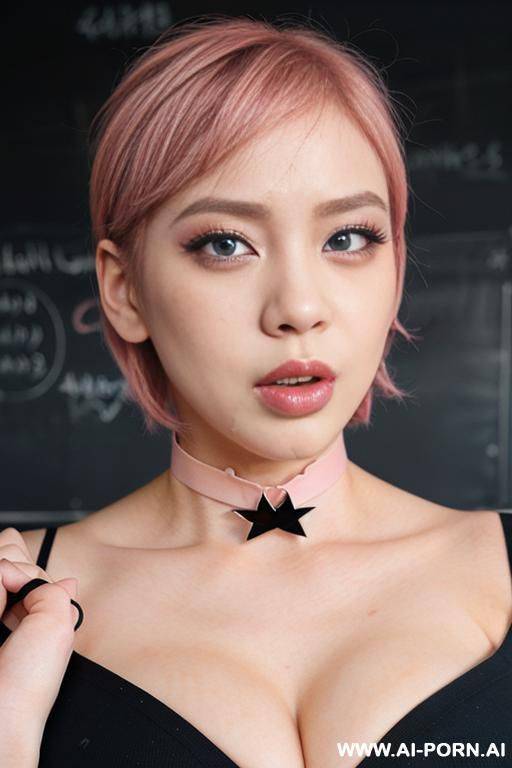 short pink hair, big lips, korean, choker, smeared makeup, crying, uniform, classroom, blue eyes - #main