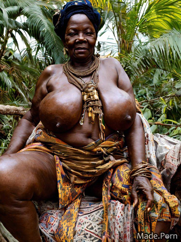 Spreading legs skinny sitting saggy tits gigantic boobs african jungle AI porn - #main