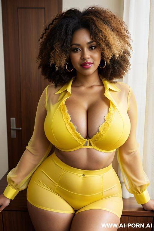 curly hair, yellow blouse, cleavage, thick thighs, afro, huge breasts, revealing bra - #main