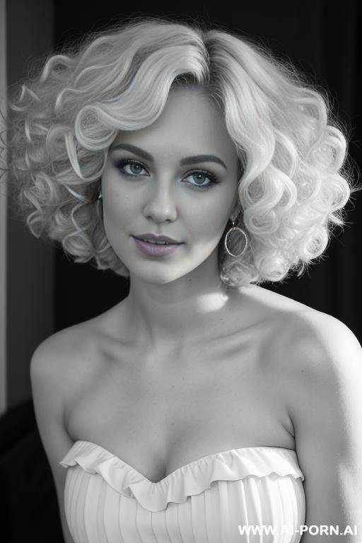 pretty attractive curly haired swedish blonde in strapless black and white polkt dress, big full thick soft curly blonde bobcut, big bouncy blonde curls, billowy curly blonde hair, eye contact - #main