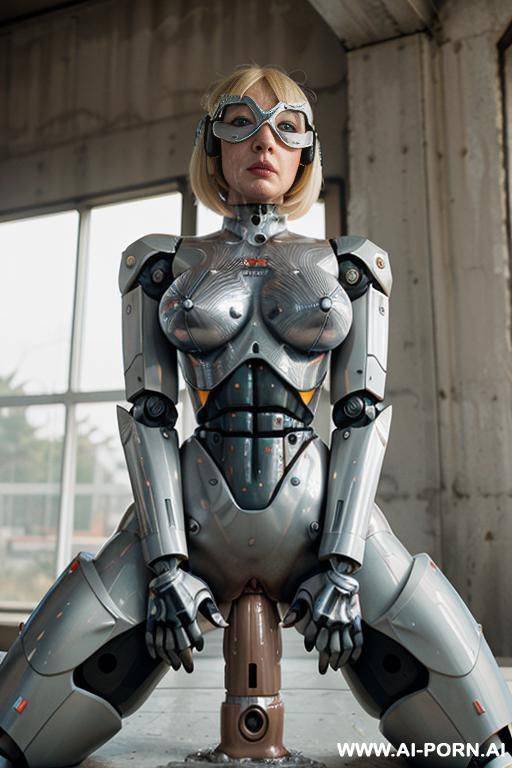 busty blonde robot, fully robotic body and head, full body view, huge human boobs, (((cum leaking pussy))), wearing robot goggles, ((((riding a robot dildo)))) - #main