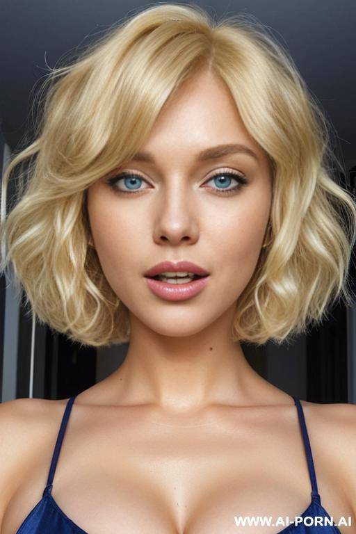 big curly blonde bob cut, billowy fluffy wide curly bobcut, voluminous blonde curls surrounding face, kawaii, sexy open mouth - #main