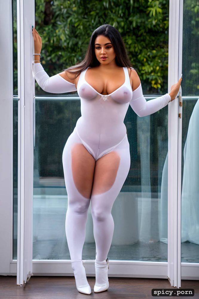 a chubby woman wearing white transparent tight bodysuit with white legs - #main