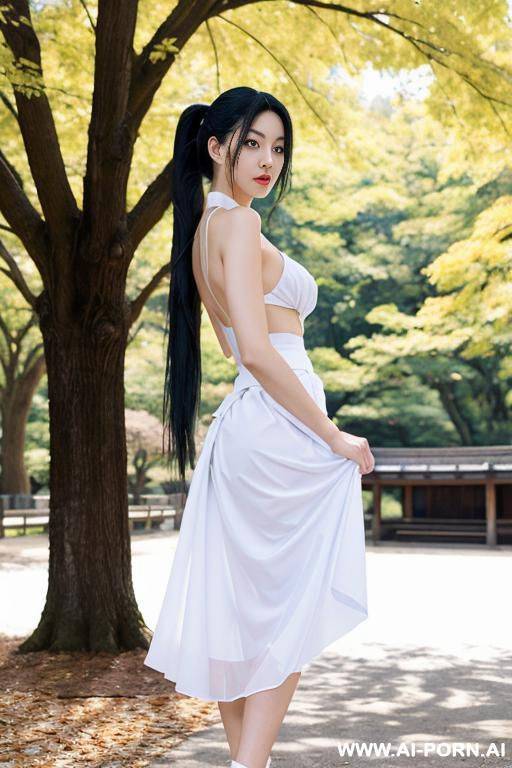 beautiful sexy 20 year old long black hair woman posing naked, no makeup, brown eyes, ponytail, standing by park, gauze white dress, costume with blue accents, white cyan, japanese, skirt, lifting her skirt, front view, looking at viewer - #main