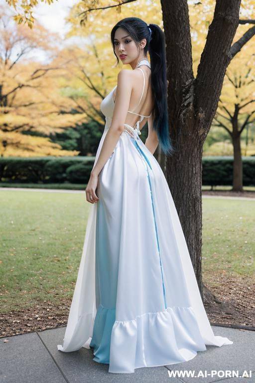 beautiful sexy 20 year old long black hair woman posing naked, no makeup, brown eyes, ponytail, standing by park, good hands, perfect fingers, gauze white dress, costume with blue accents, white - #main