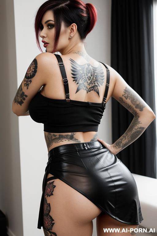 nice peach ass tattoos punkwoman, nice boobs, black see thru bh, german, black skirt, red panty, look naughty, from behind, pixi hair, lean over, straps - #main