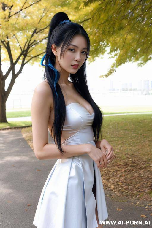 beautiful sexy 20 year old long black hair woman posing naked, no makeup, brown eyes, ponytail, standing by park, good hands, perfect fingers, gauze white dress, costume with blue accents, white cyan, japanese, lifting her skirt, front view - #main