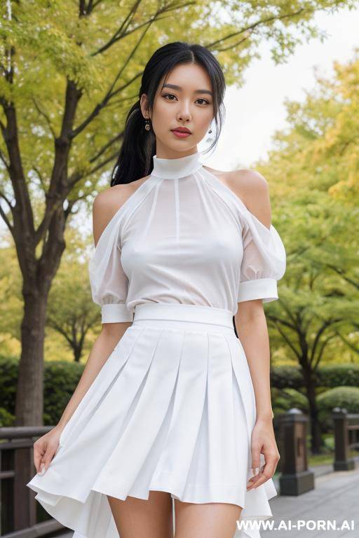 beautiful 20 year old long black hair woman posing naked, no makeup, brown eyes, ponytail, standing by park, gauze white dress, costume with blue accents, white cyan, japanese, skirt, lifting her - #main