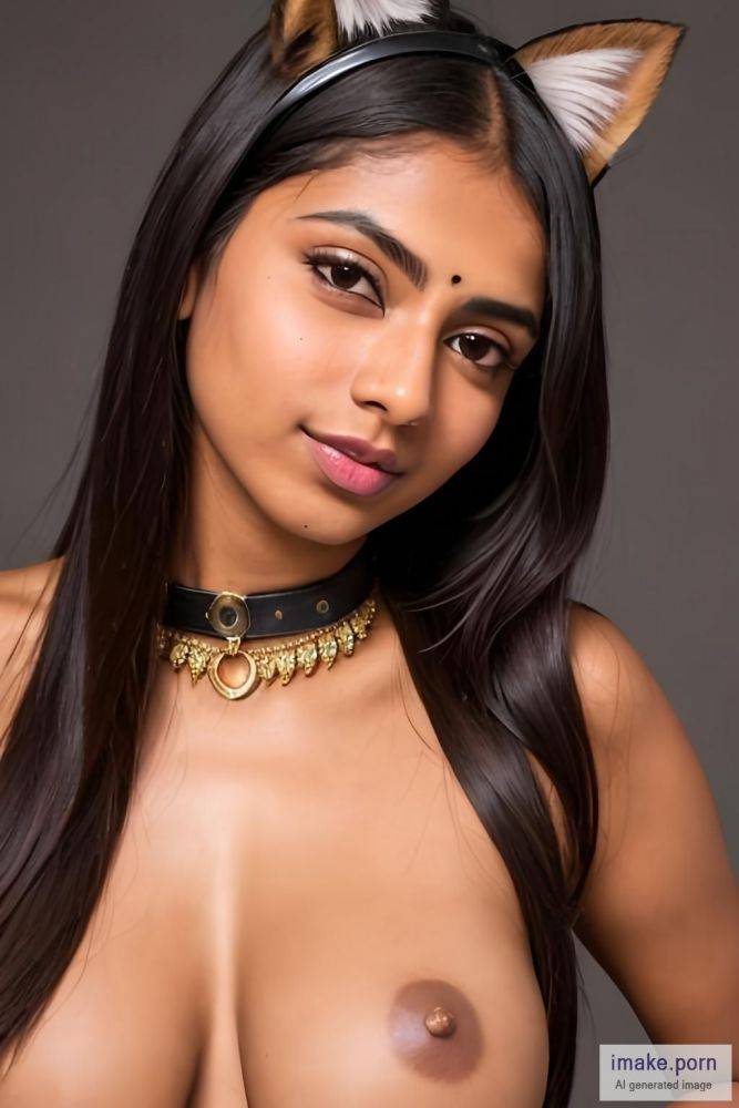 indian girl with leather neck colar belt around her neck and cat... - #main