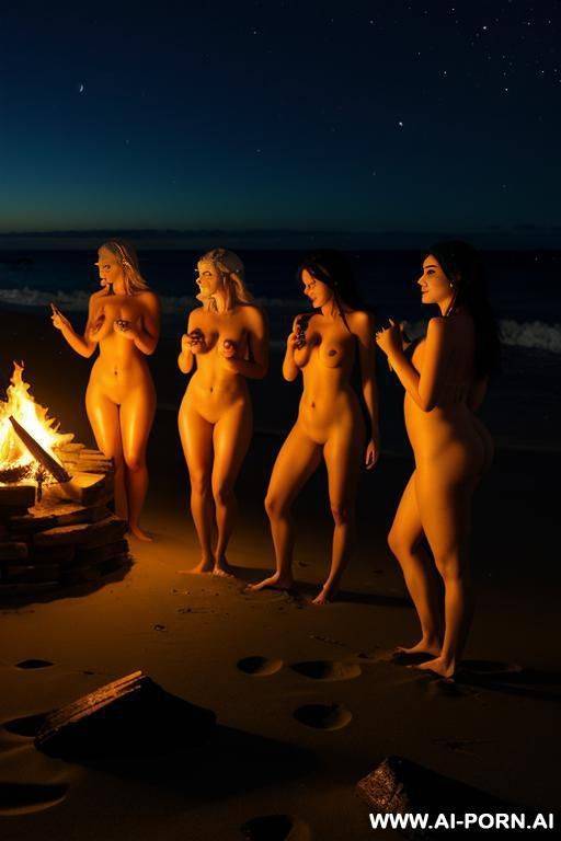 group of sexy elf women on the beach at night, naked, in the moonlight, dancing around a fire. - #main