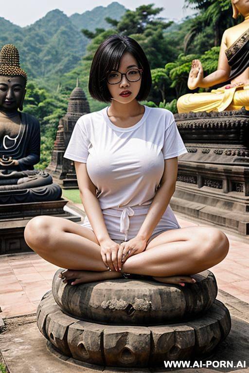 thailand, chinese woman ((big breasts)) short bob, glasses, spread legs, t-shirt (((big buddha)) outdoors, thai cemetery - #main