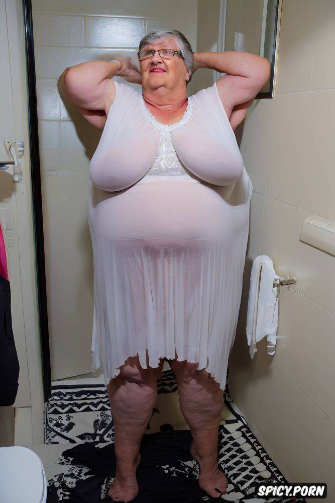 wearing a white sheer tight white night gown, front view, an old fat czech granny - #main