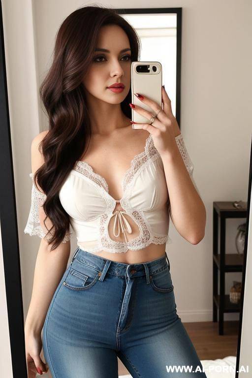 young woman long hair short blouse with the inscription los high-waisted jeans selfie photo in the mirror - #main