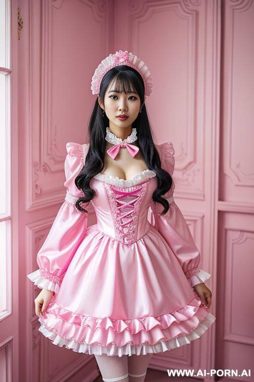 dressed in a pink and white costume standing in a pink room, rococo, aestheticism, frilly outfit, japanese, 20 years old - #main