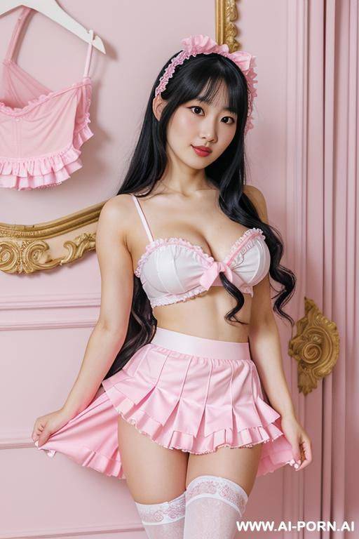 dressed in a pink and white costume standing in a pink room, rococo, aestheticism, yami kawaii, frilly outfit, skirt, japanese, 20 years old, (lifting her skirt), white sexy bottom underwear, - #main