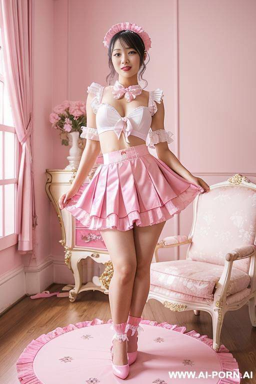 dressed in a pink and white costume standing in a pink room, rococo, aestheticism, yami kawaii, frilly outfit, skirt, japanese, 20 years old, (lifting her skirt), (flip up the skirt), (roll up her skirt), (roll up skirt herself) - #main