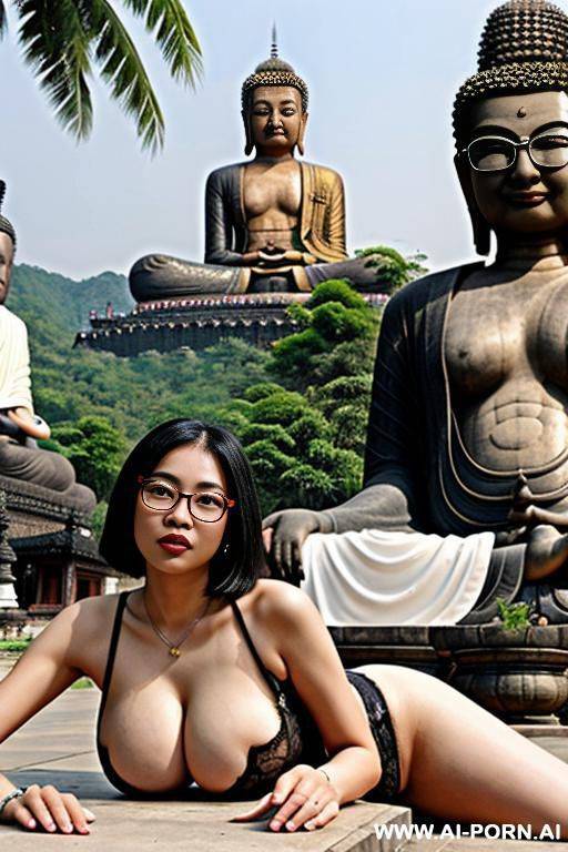 thailand, chinese woman ((big breasts)) short bob, glasses, spread legs, t-shirt (((big buddha)) outdoors, thai cemetery - #main