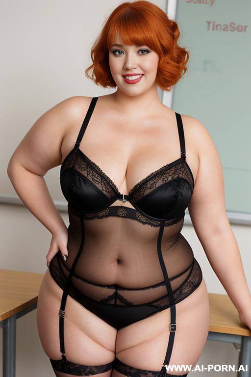 full body photo shot, about at classroom, so fat bbw curvy with love handless and tummy, so , and tight, wearing a sexy and hot orange lace stocking lingeries. - #main