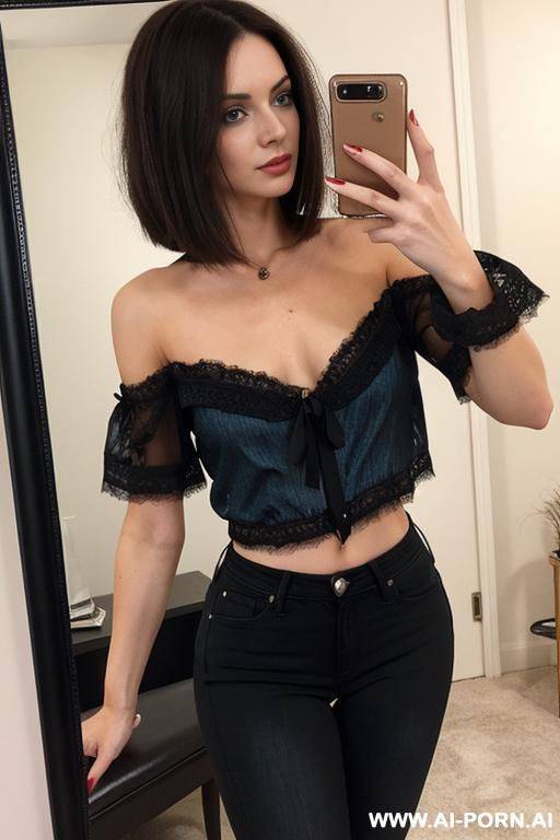 shapely woman, shoulder-length hair, black lace blouse, jeans selfie photo in the mirror - #main