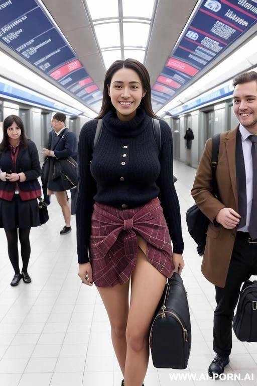 topless, super short plaid skirt, sweater tied at the waist, backpack, lots of people - #main