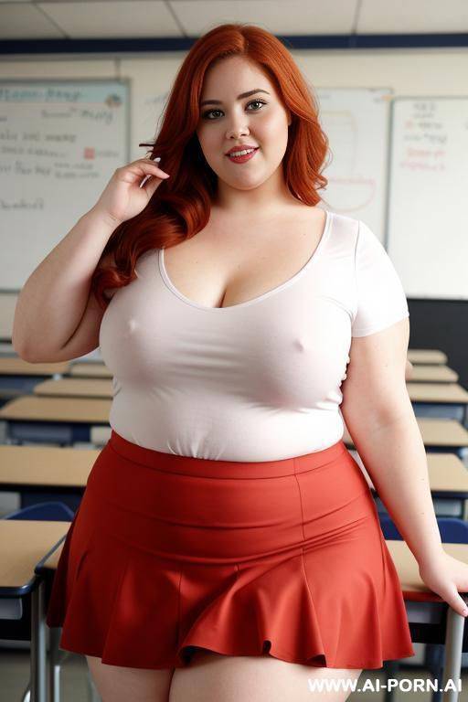 full body photo shot, about at classroom, so chubby and so fat bbw curvy teacher, wearing a sexy and hot micro red ruffle skirt and elegant micro summer top, speaking to the classroom. - #main