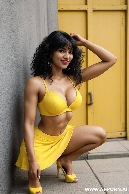 indians, black hair, tall curly hair, bangs, fit, abs, navel piercing, one arm raised, yellow bra, yellow skirt, tall, looking at camera, full body, side bottom view - #main