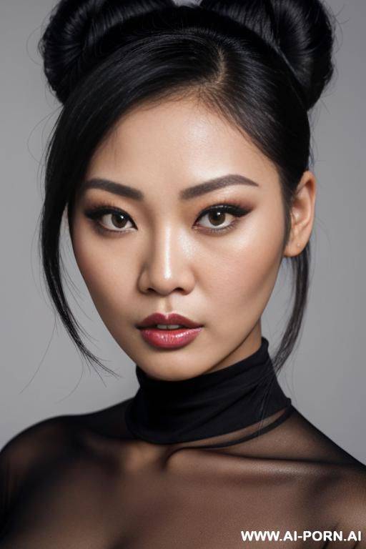 beautiful heavy makeup asian lady, bun hair, headshot,, front view - #main