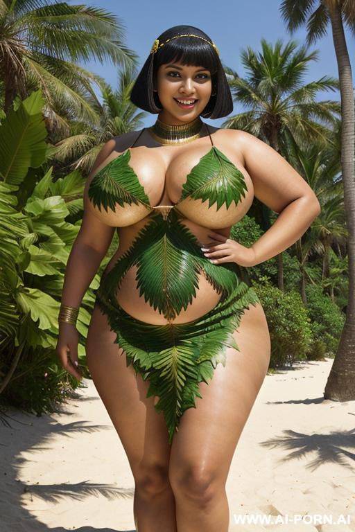 egyptian queen wearing a dress made of leaves, (leaves), (bobcut hairstyle), (((massive huge breasts))), full body view, photorealistic, ((chubby woman)), ((wide hips)), ((huge butt)), beach, smiling, (hairband), (showing armpit) - #main